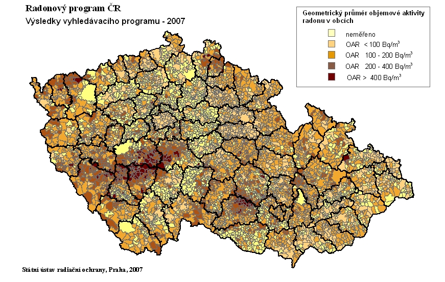 Mapa výsledků koncentrace radonu v objektech